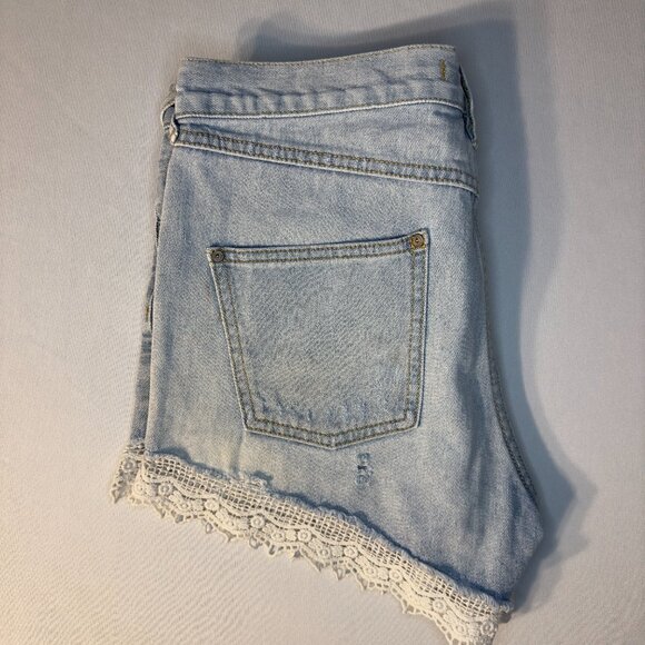 Free People Lacey Distressed Denim Cutoff Lace Hem High Rise Shorts, W28 - Picture 12 of 12